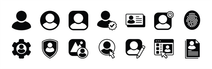 User profile icon vector set. Contains people or person picture, avatar, official, business card, fingerprint login access, edit photos, document data, website, settings, security, logout illustration