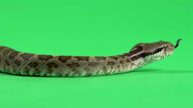 Captivating Close-up of a Brown and Grey Snake, Possibly a Boa or Python, Flicking its Tongue on a Bright Green Chroma Key Background