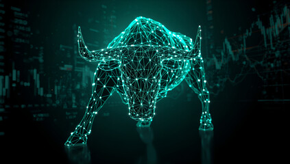 Obraz premium Bullish Market Surge: Modern Bull Line Art with Dynamic Stock Charts