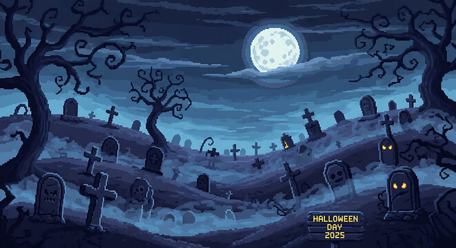 Pixel art halloween scene: graveyard with moon and glowing eyes