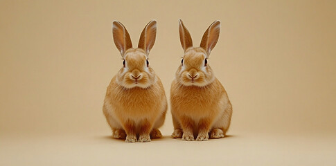 Obraz premium Charming duo of golden rabbits on a serene beige backdrop, expressing sweetness