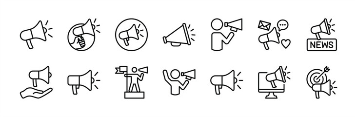 Megaphone, loudspeaker, speaker, bullhorn icon set. Contains news announcement, activism, public message, communication, announce, loud audio sound, social media, voice. Vector illustration