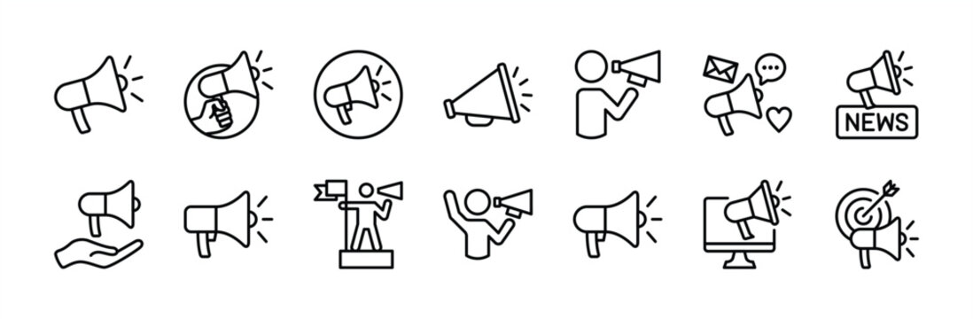 Megaphone, loudspeaker, speaker, bullhorn icon set. Contains news announcement, activism, public message, communication, announce, loud audio sound, social media, voice. Vector illustration