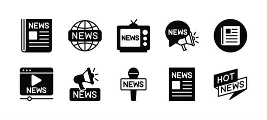 News icon vector set. Contains newspaper, announcement, social media international television, hot news, microphone, megaphone, paper, newsletter, journalism, newsprint, live broadcast. Illustration