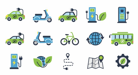 Eco-Friendly Electric Vehicles and Charging Stations Icons