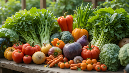 Fresh vegetables arranged on garden table, healthy organic produce for clean eating and sustainable lifestyle