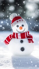 Obraz premium Charming winter scene featuring a cheerful snowman wearing a red hat and scarf in a snowy landscape