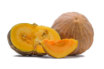 pumpkin with half isolated on white background, Corn squash, A pumpkin is a type of winter squash known for its round, orange shape, though other colors and shapes exist. It's technically a fruit