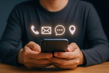 Person Using Smartphone Displaying Contact Icons: Phone, Email, Chat, and Location for Connection