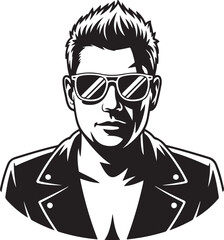 Black Silhouette of Rockster Wearing Sunglasses Black and White Vector