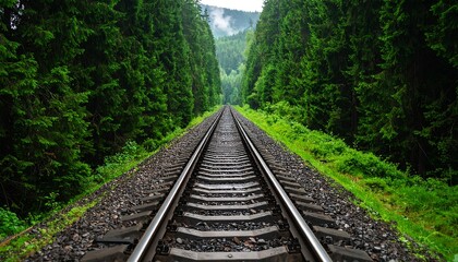 Fototapeta premium Train tracks through a lush forest