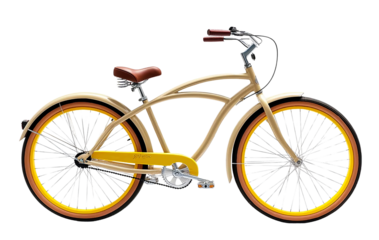 A vintage yellow beach bicycle with a brown leather seat and black handlebars, against a white background