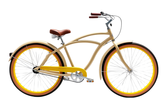 A vintage yellow beach bicycle with a brown leather seat and black handlebars, against a white background
