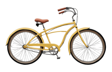 A vintage yellow beach bicycle with a brown leather seat and black handlebars, against a white background