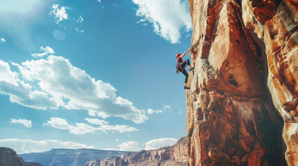 Adventurous Rock Climber Scaling a Steep Cliff Against a Stunning Blue Sky with Dramatic Clouds in a Majestic Canyon Landscape