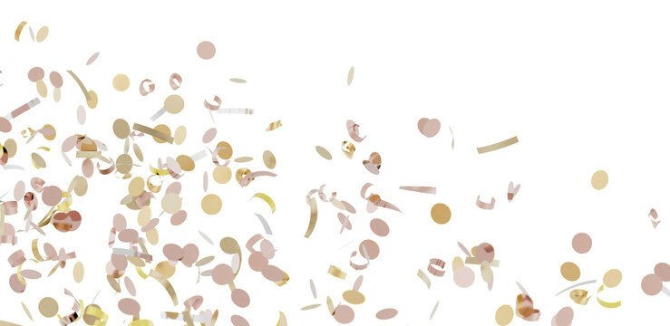 Beautiful image of rose gold and gold confetti falling on white background. Perfect for celebrations, parties, and festive designs.