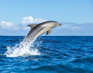 Fototapeta premium Bottlenose Dolphin leaping out of serene ocean waters with clear blue sky