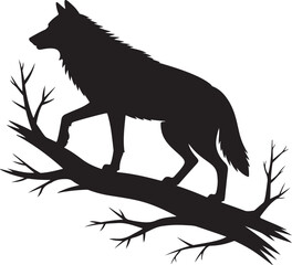 Black Silhouette of Wolf Standing on Horizontal Tree Trunk Isolated on White