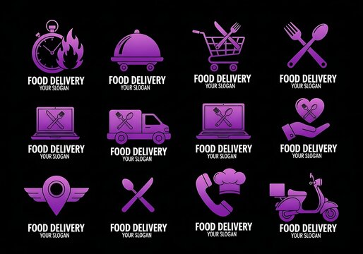 Collection of purple food delivery icons and symbols on a black background