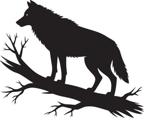 Black Silhouette of Wolf Standing on Horizontal Tree Trunk Isolated on White