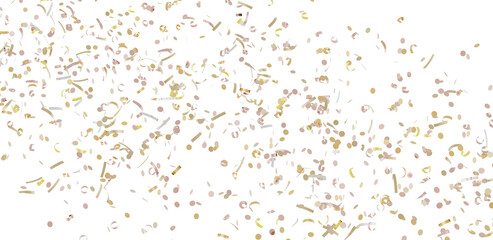 Beautiful image of gold and beige confetti falling on white background. Perfect for celebrations, parties, and festive designs.