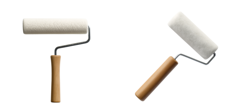 Minimalistic, white background, simple paint roller with wooden handle, vector style, white and beige colours, white background - Powered by Adobe