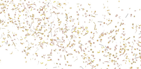 Beautiful image of gold and rose gold confetti falling on white background. Perfect for celebrations, parties, and festive designs.