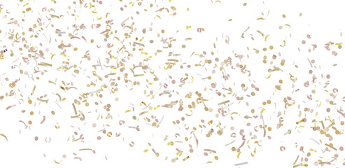 Beautiful image of gold and beige confetti falling on a white background, perfect for celebrations and festive designs.