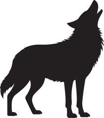 Black Silhouette of Wolf Standing on Horizontal Tree Trunk Isolated on White