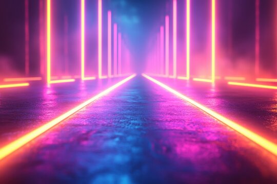 Futuristic neon-lit hallway with vibrant blue and pink illumination effects