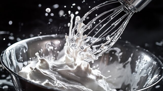 A dynamic image of a whisk mixing cream, creating splashes in a stainless steel bowl against a contrasting dark background.