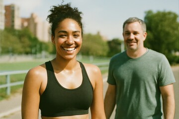 Obraz premium Happy diverse friends exercising outdoors.
