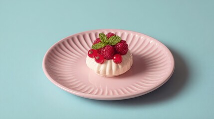 Pavlova dessert with berries and mint on a pink plate