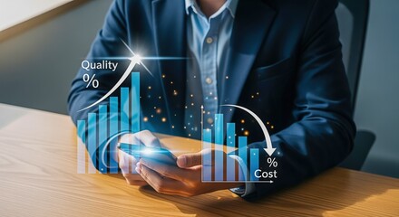 Businessman analyzing quality improvement and cost reduction using a digital interface on mobile device