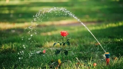 A single red rose is gently watered by a garden sprinkler on a lush green lawn during a sunny day - Powered by Adobe