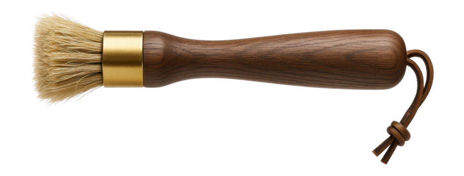 Grill cleaning brush with natural bristles, suitable for gently cleaning a ceramic grill grate on a porch.