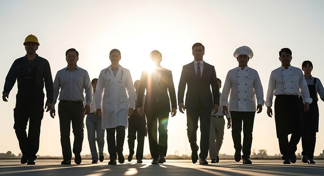 A diverse group of smiling professionals including a construction worker, chef, doctors, pilot, and firefighter walk together at sunset, symbolizing essential careers and community support. - Powered by Adobe