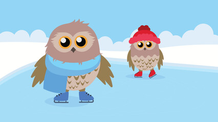 Owls on ice. Vector illustration in flat cartoon style.