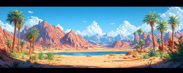 Naklejka premium Serene desert landscape with palm trees, sandy terrain, and distant mountains