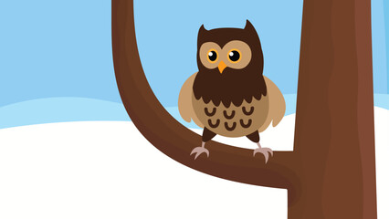 Owl sitting on a tree branch. Vector illustration in cartoon style.