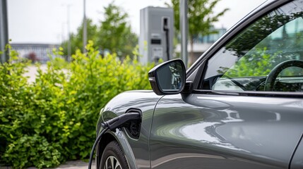 Fototapeta premium Charging Electric Vehicle at Station: Sustainable Transportation and Eco-Friendly Commuting for Greener Future