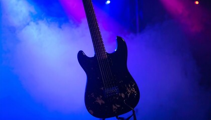 Naklejka premium Electric guitar on stage, vibrant lighting