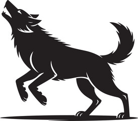 Black Silhouette of Wolf with Front Legs Bent and Tail Raised Isolated on White
