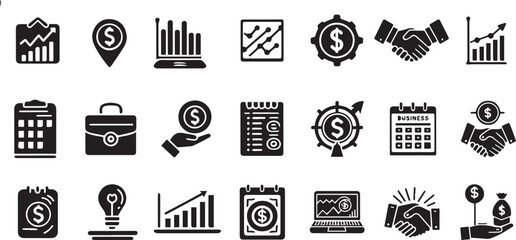 Business and finance icon set. Vector glyph pictograms of briefcase, chart, money, banking, accounting, handshake, calendar, corporate, marketing, investment concept black silhouette illustration