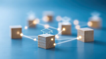 Educational Network Connection: Wooden Blocks Illustrating Learning, Collaboration, and Academic Growth in a Modern Learning Environment
