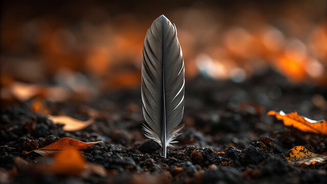 A single feather stands tall amidst autumnal ground