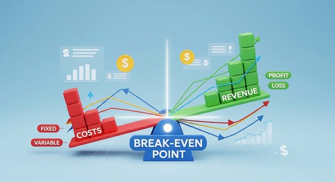 Illustrated break-even analysis depicting costs revenue and profit on a business finance conceptual lever concept