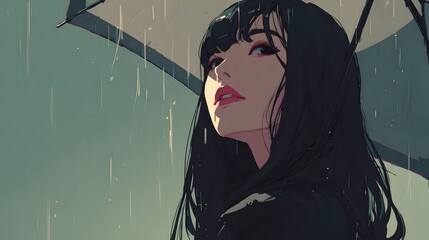 Peaceful and dreamy minimalist illustration of a young woman with sleek dark hair amidst soothing urban rain