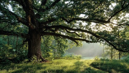 Naklejka premium Majestic Tree in Misty Ancient Forest with Sunlight Filtering Through Lush Green Leaves