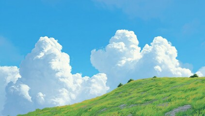 Green grassy hill with fluffy white clouds in a bright blue sky